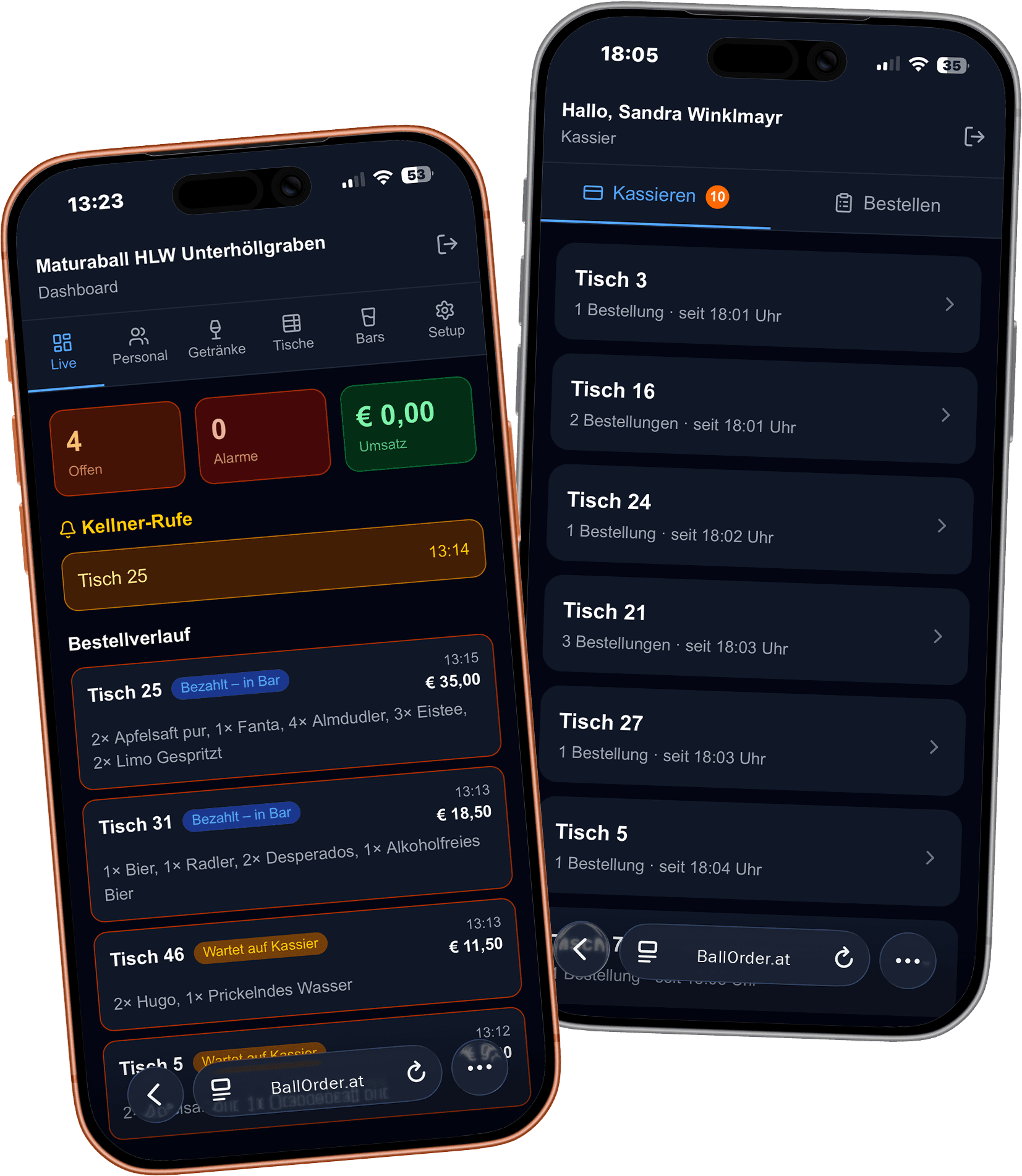 BallOrder App auf zwei iPhones — Dashboard und Kassier-Ansicht